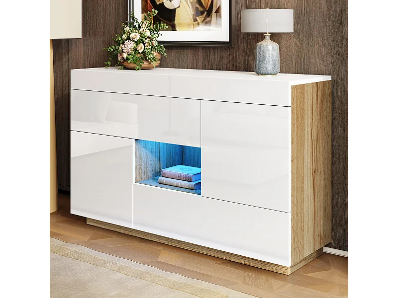 Wit dressoir met afneembaar bovenblad - Dressoir met 2 lades en 2 deuren - LED-verlichting en open opbergruimte