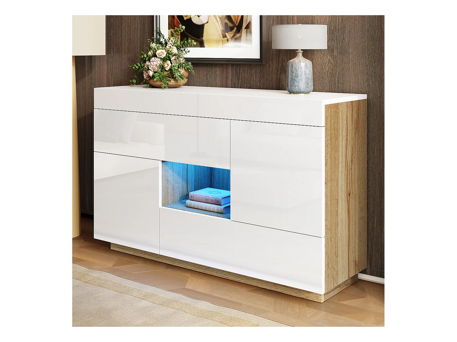 Buffet blanc avec plateau amovible - Buffet avec 2 tiroirs et 2 portes - eclairage LED et rangement ouvert