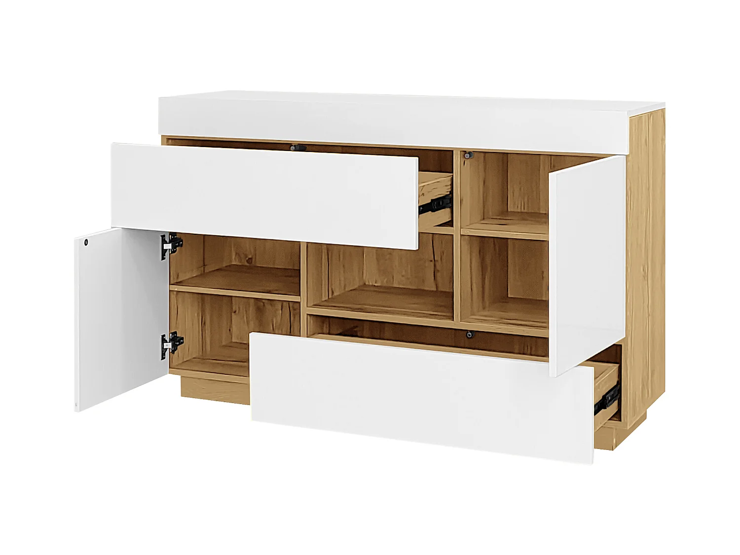 Buffet blanc avec plateau amovible - Buffet avec 2 tiroirs et 2 portes - eclairage LED et rangement ouvert