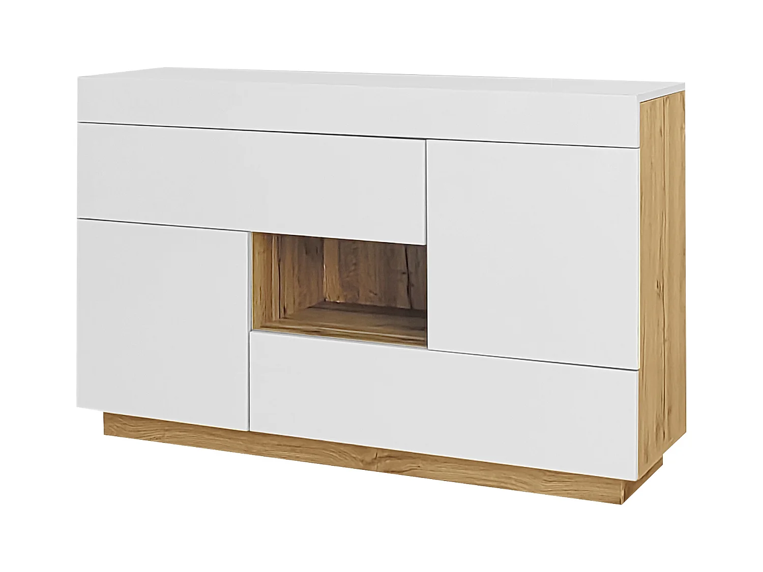 Buffet blanc avec plateau amovible - Buffet avec 2 tiroirs et 2 portes - eclairage LED et rangement ouvert