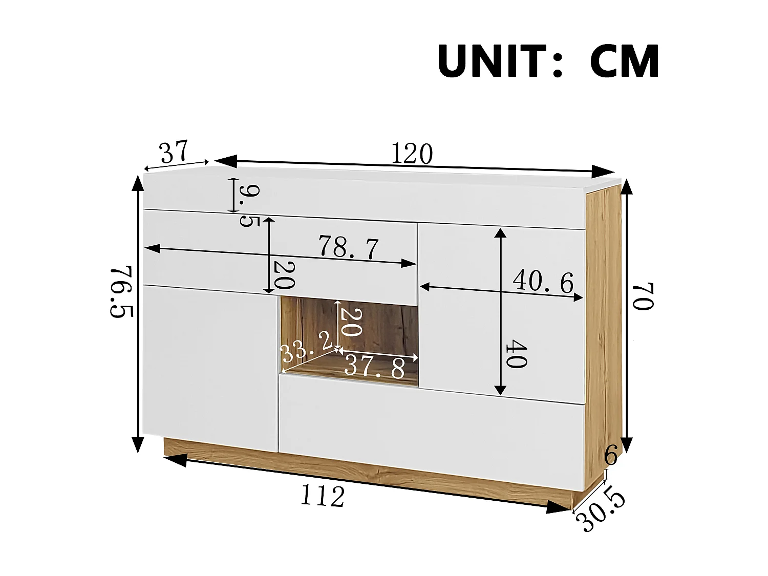 Buffet blanc avec plateau amovible - Buffet avec 2 tiroirs et 2 portes - eclairage LED et rangement ouvert