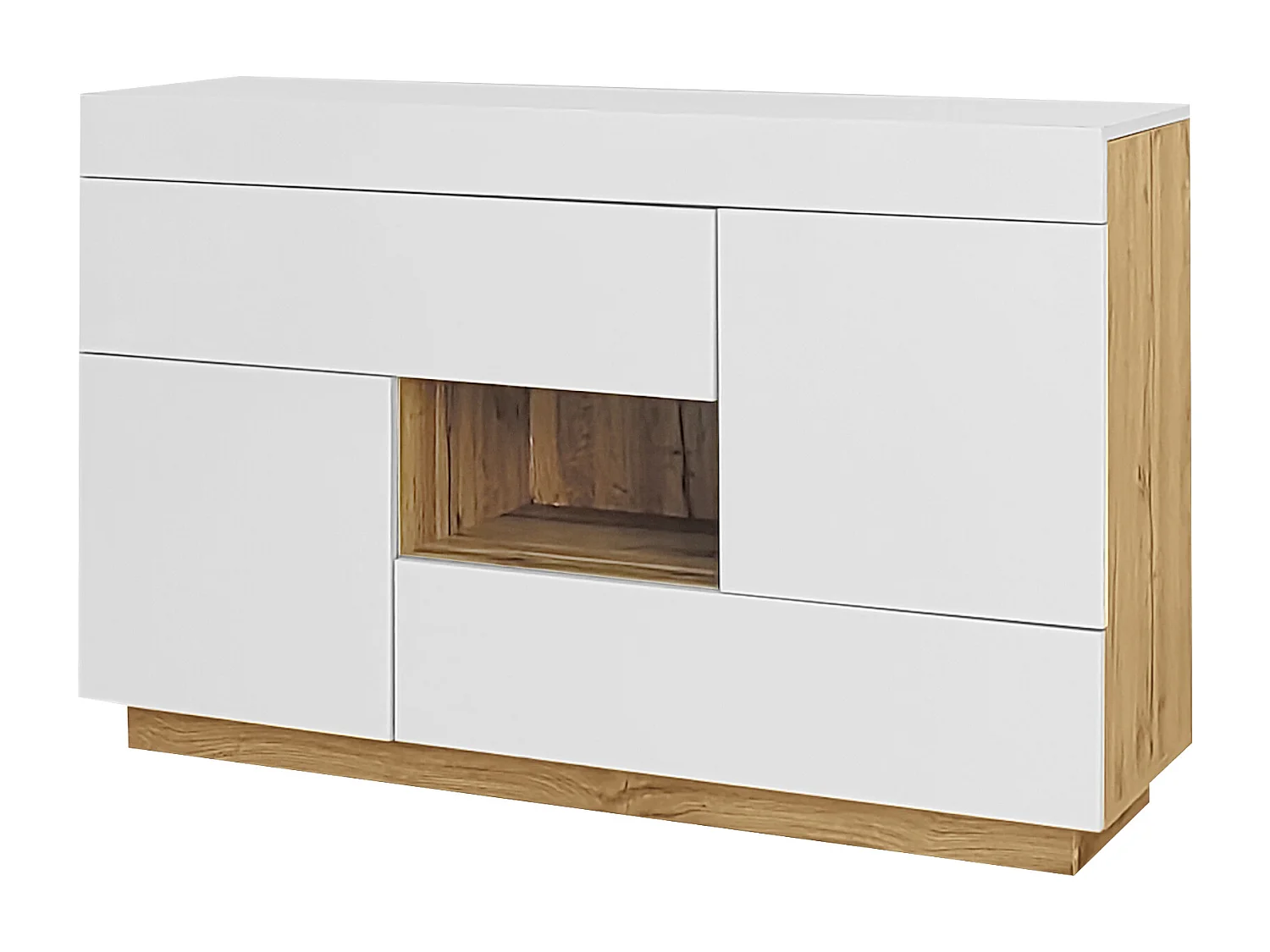 Buffet blanc avec plateau amovible - Buffet avec 2 tiroirs et 2 portes - eclairage LED et rangement ouvert
