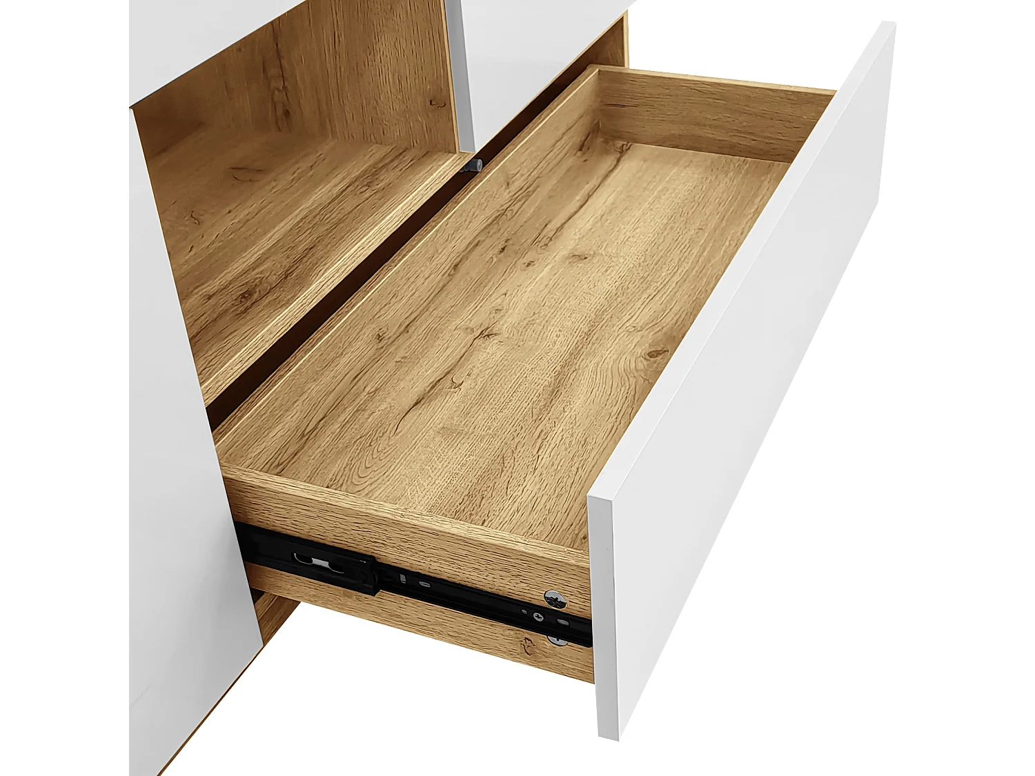 Buffet blanc avec plateau amovible - Buffet avec 2 tiroirs et 2 portes - eclairage LED et rangement ouvert