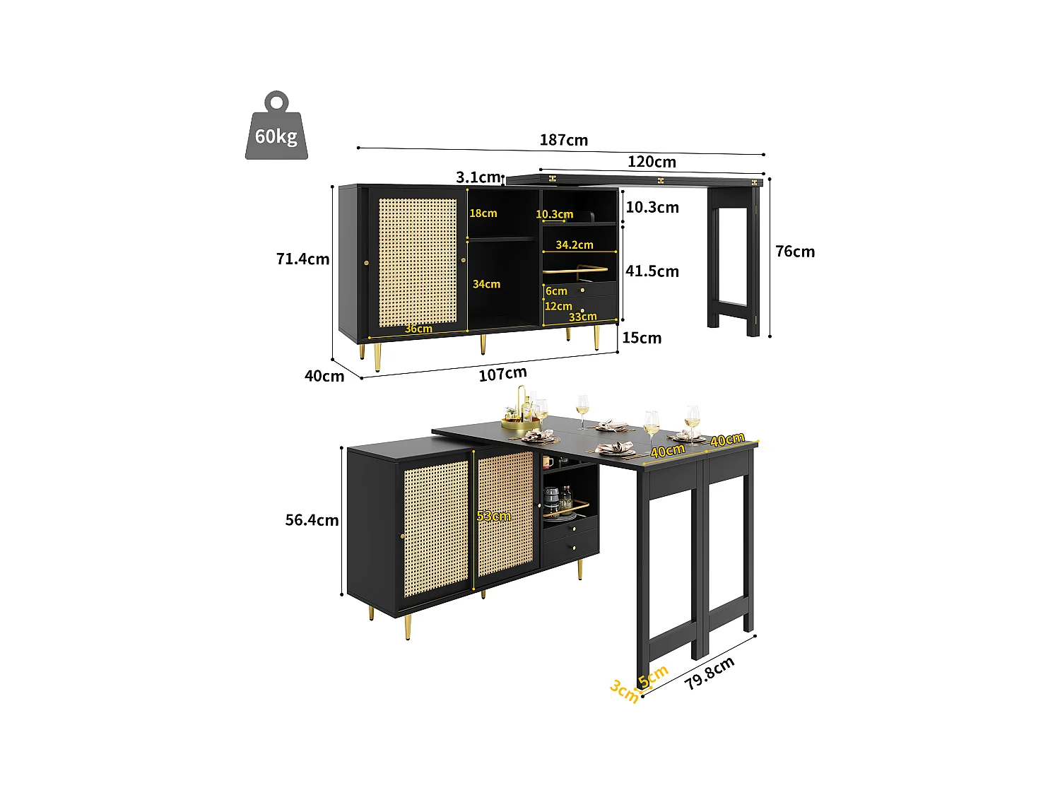 Meuble de bar pivotante noire - Meuble de bar extensible avec portes et tiroirs coulissants en rotin - rangement ouvert