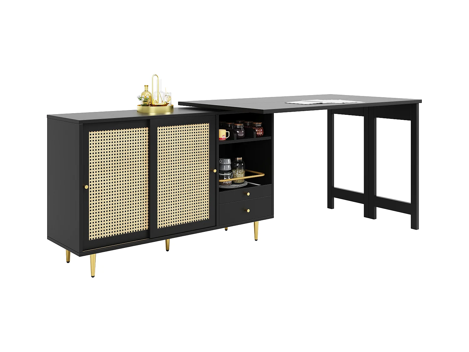 Meuble de bar pivotante noire - Meuble de bar extensible avec portes et tiroirs coulissants en rotin - rangement ouvert