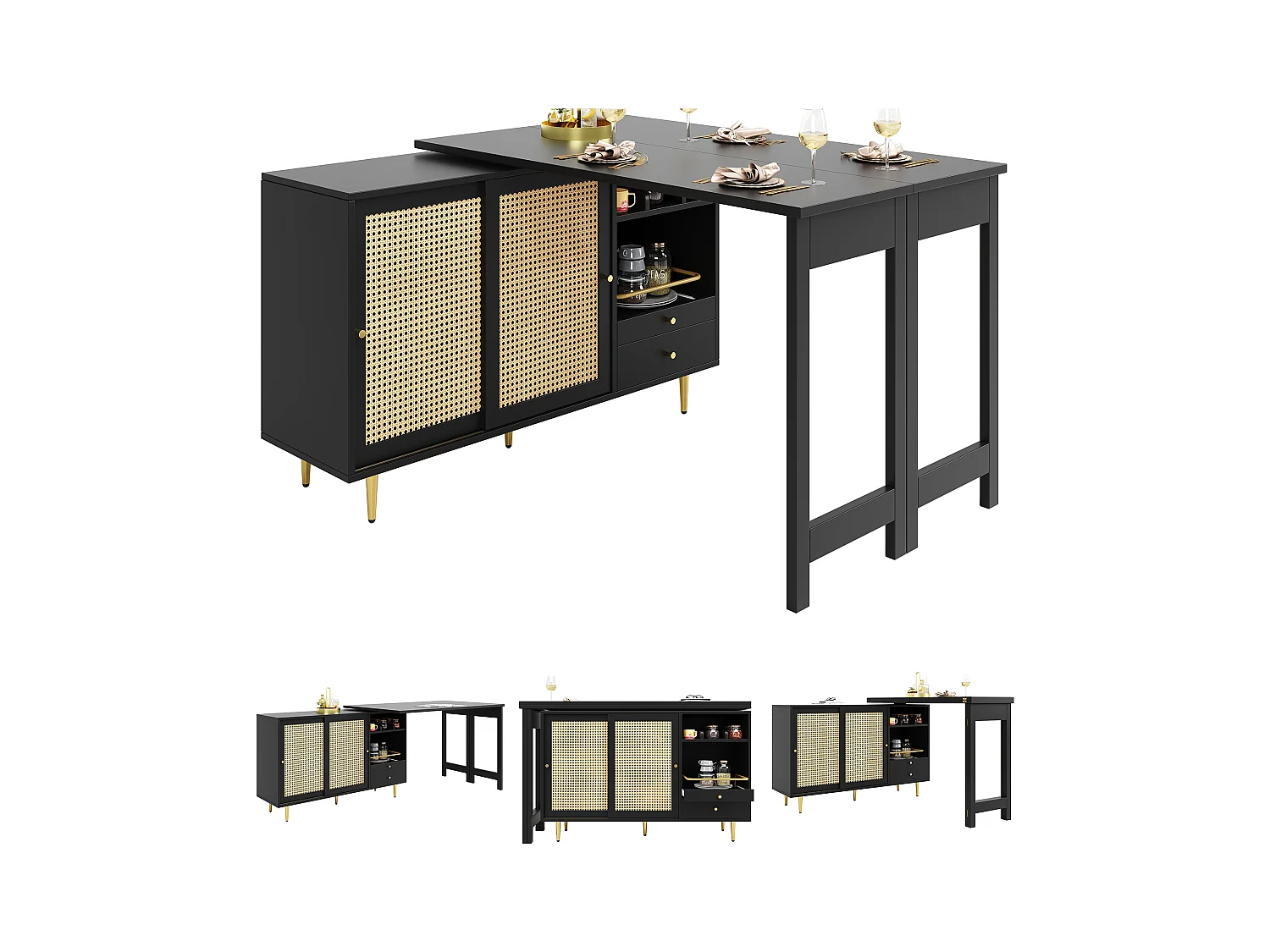 Meuble de bar pivotante noire - Meuble de bar extensible avec portes et tiroirs coulissants en rotin - rangement ouvert