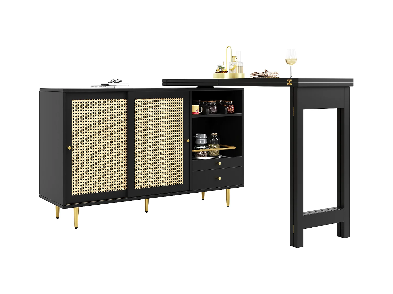 Meuble de bar pivotante noire - Meuble de bar extensible avec portes et tiroirs coulissants en rotin - rangement ouvert