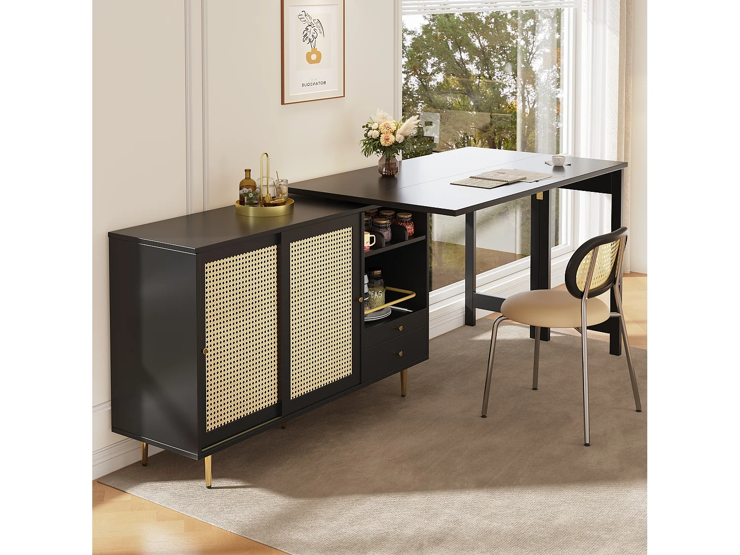 Meuble de bar pivotante noire - Meuble de bar extensible avec portes et tiroirs coulissants en rotin - rangement ouvert