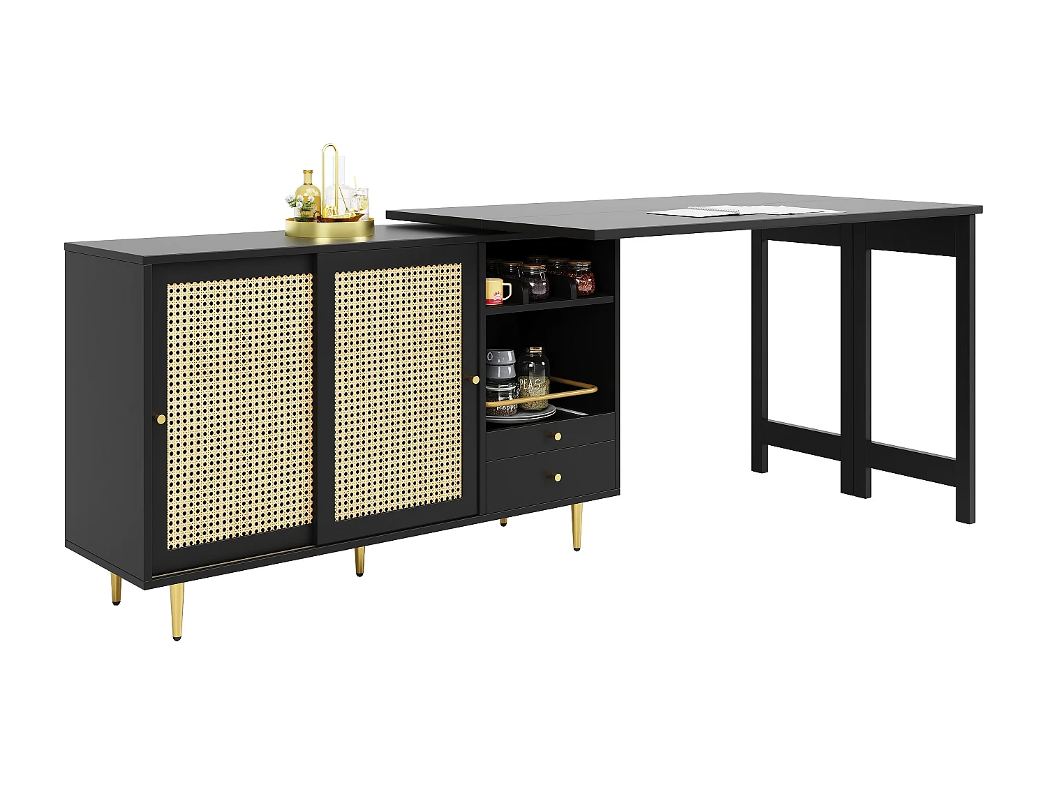 Meuble de bar pivotante noire - Meuble de bar extensible avec portes et tiroirs coulissants en rotin - rangement ouvert