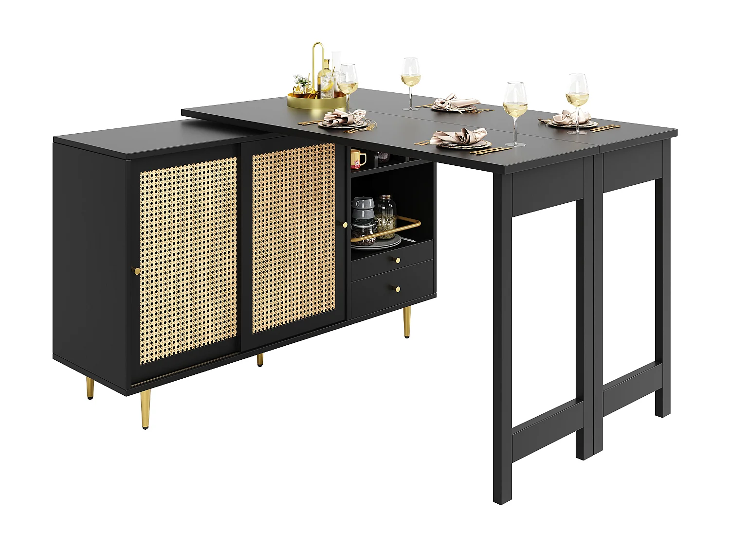 Meuble de bar pivotante noire - Meuble de bar extensible avec portes et tiroirs coulissants en rotin - rangement ouvert
