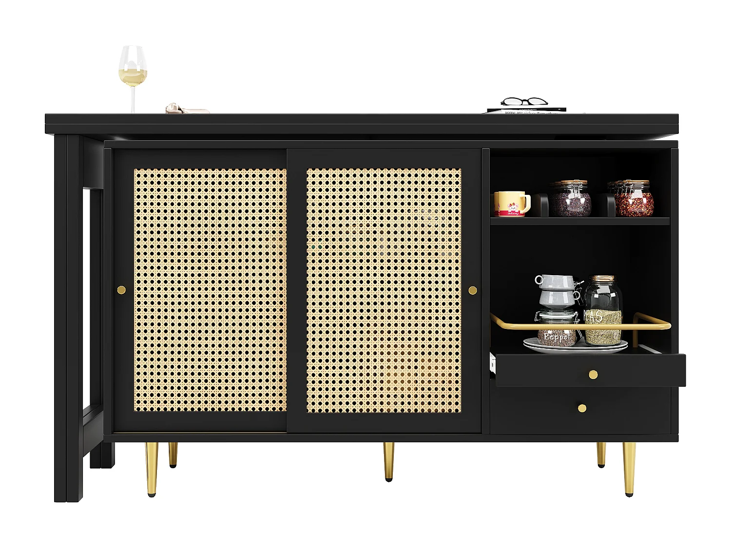 Meuble de bar pivotante noire - Meuble de bar extensible avec portes et tiroirs coulissants en rotin - rangement ouvert