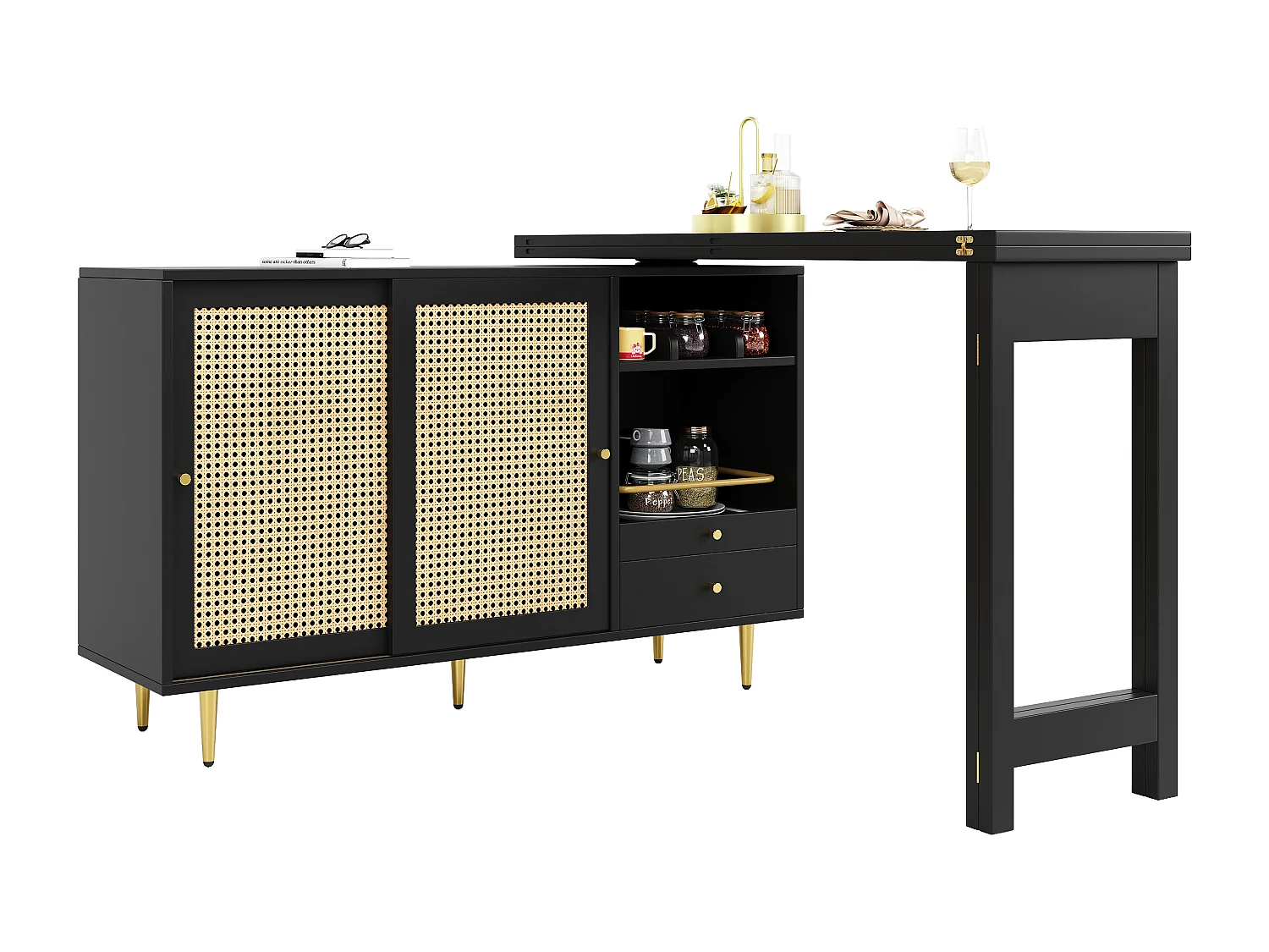 Meuble de bar pivotante noire - Meuble de bar extensible avec portes et tiroirs coulissants en rotin - rangement ouvert
