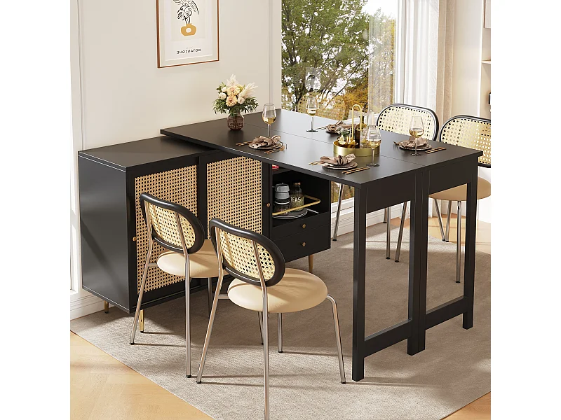 Meuble de bar pivotante noire - Meuble de bar extensible avec portes et tiroirs coulissants en rotin - rangement ouvert