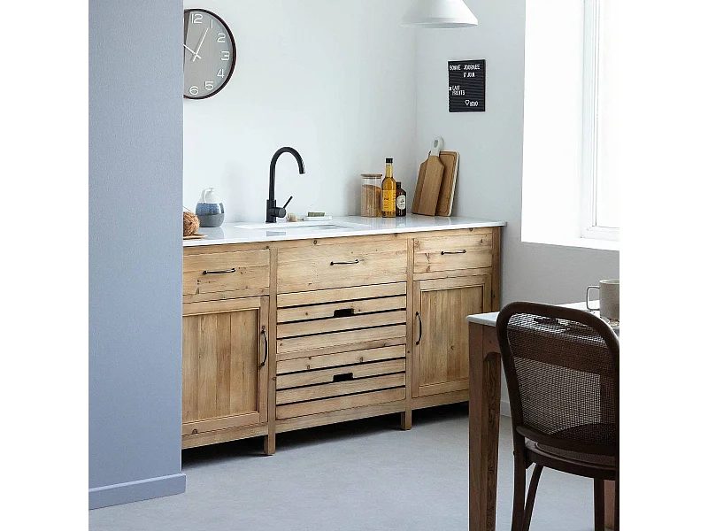 Meuble de cuisine en vieux pin et marbre blanc Epure