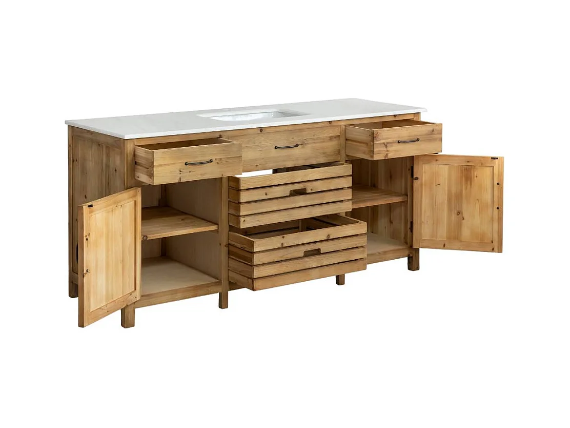 Meuble de cuisine en vieux pin et marbre blanc Epure