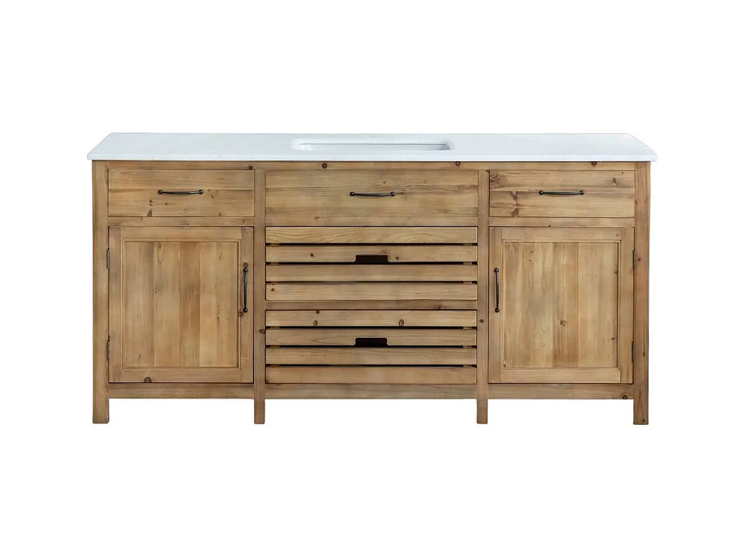 Meuble de cuisine en vieux pin et marbre blanc Epure