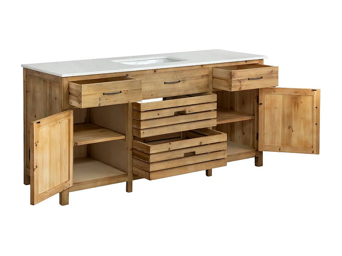 Meuble de cuisine en vieux pin et marbre blanc Epure