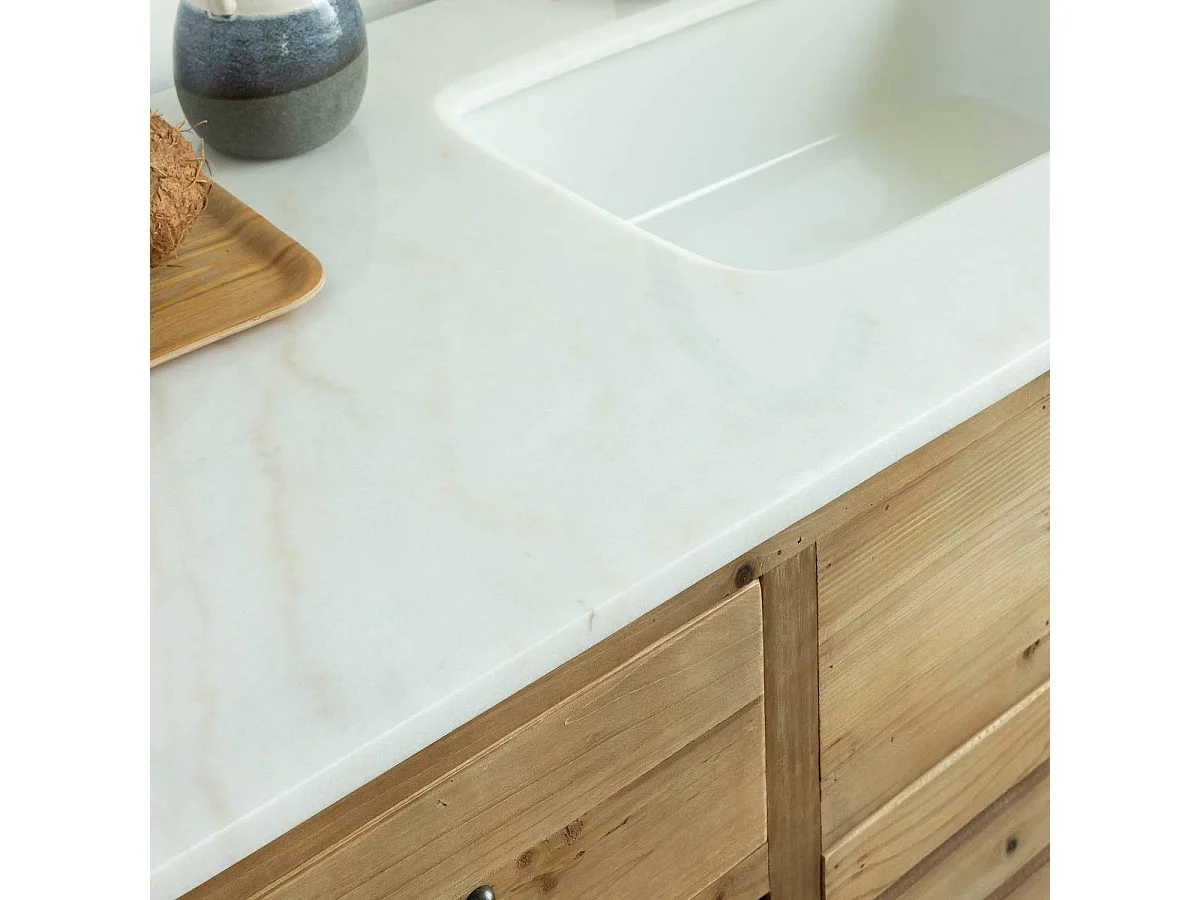 Meuble de cuisine en vieux pin et marbre blanc Epure