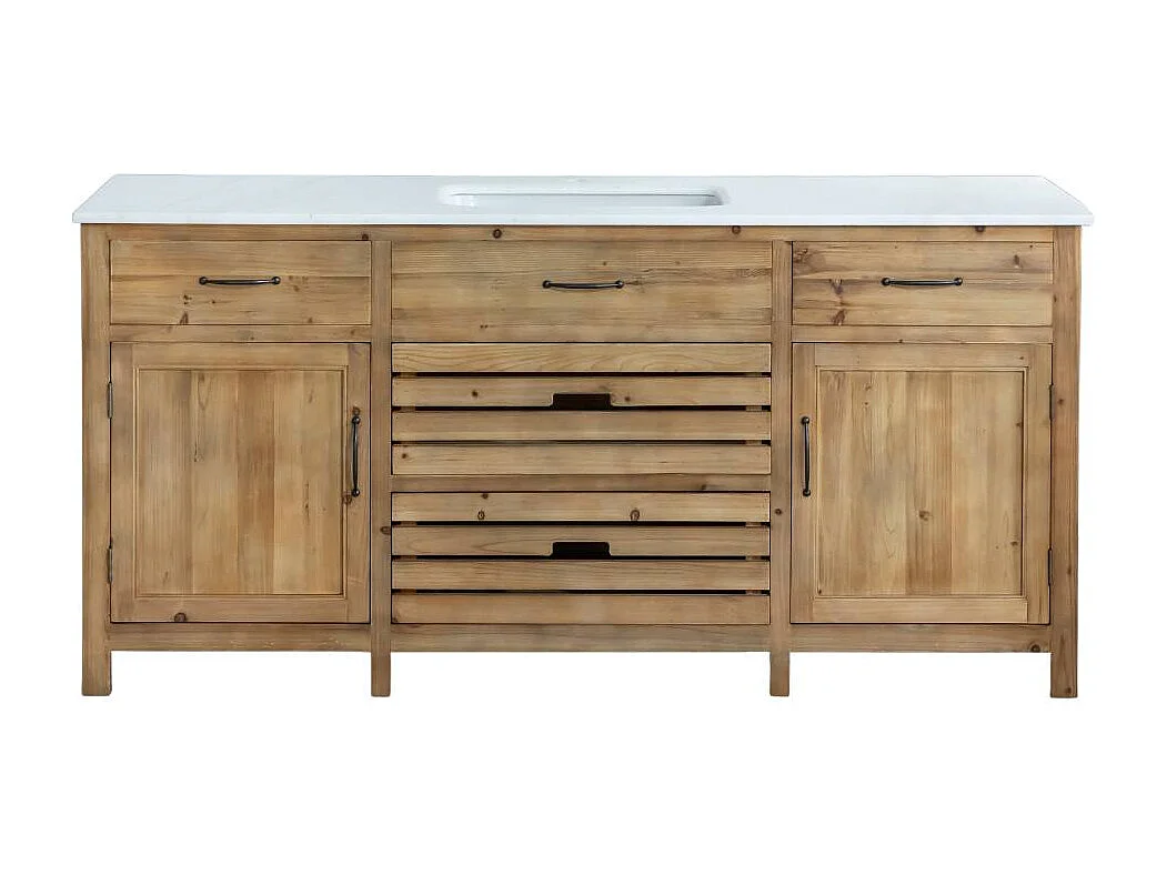 Meuble de cuisine en vieux pin et marbre blanc Epure