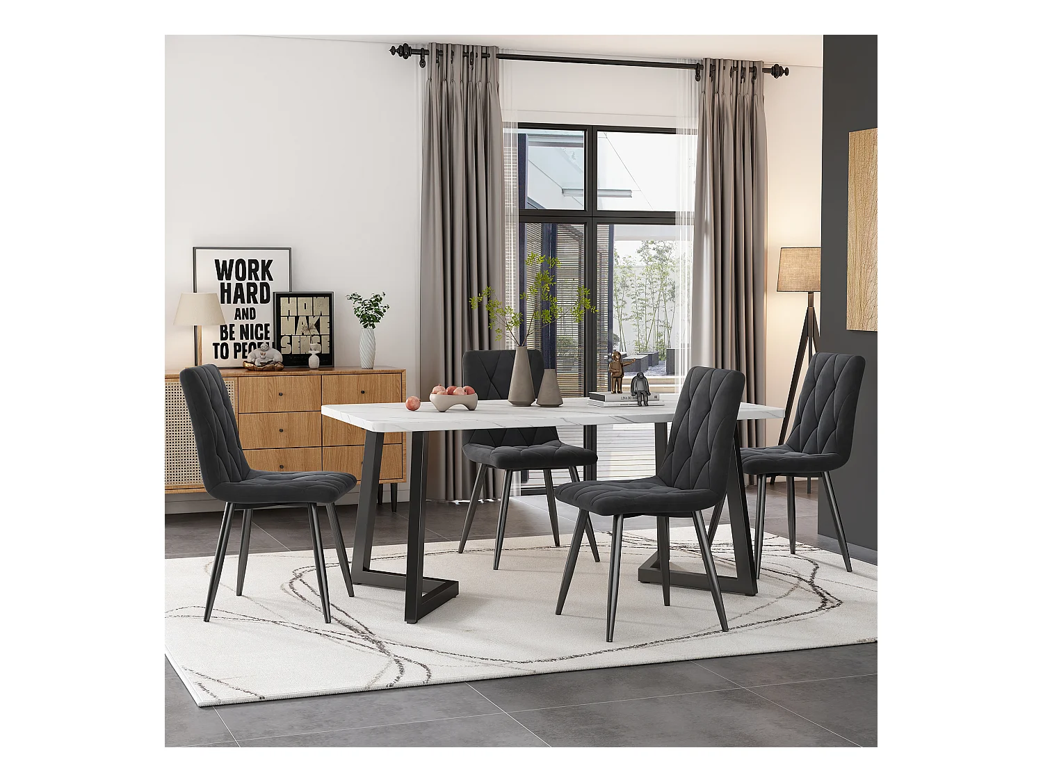 Lot de 4 chaises de salle à manger - Chaises avec dossier en sergé rembourré et pieds en métal - velours gris
