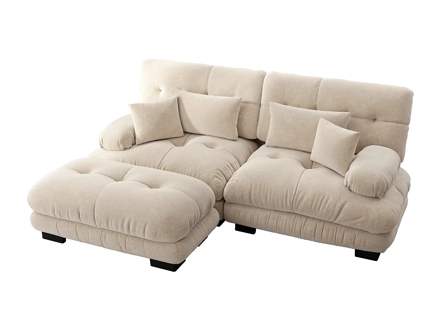 Sofá bege de 2 lugares - Sofá de canto com 2 almofadas lombares e 2 almofadas decorativas - apoios de braços e apoio para os pés - chenille