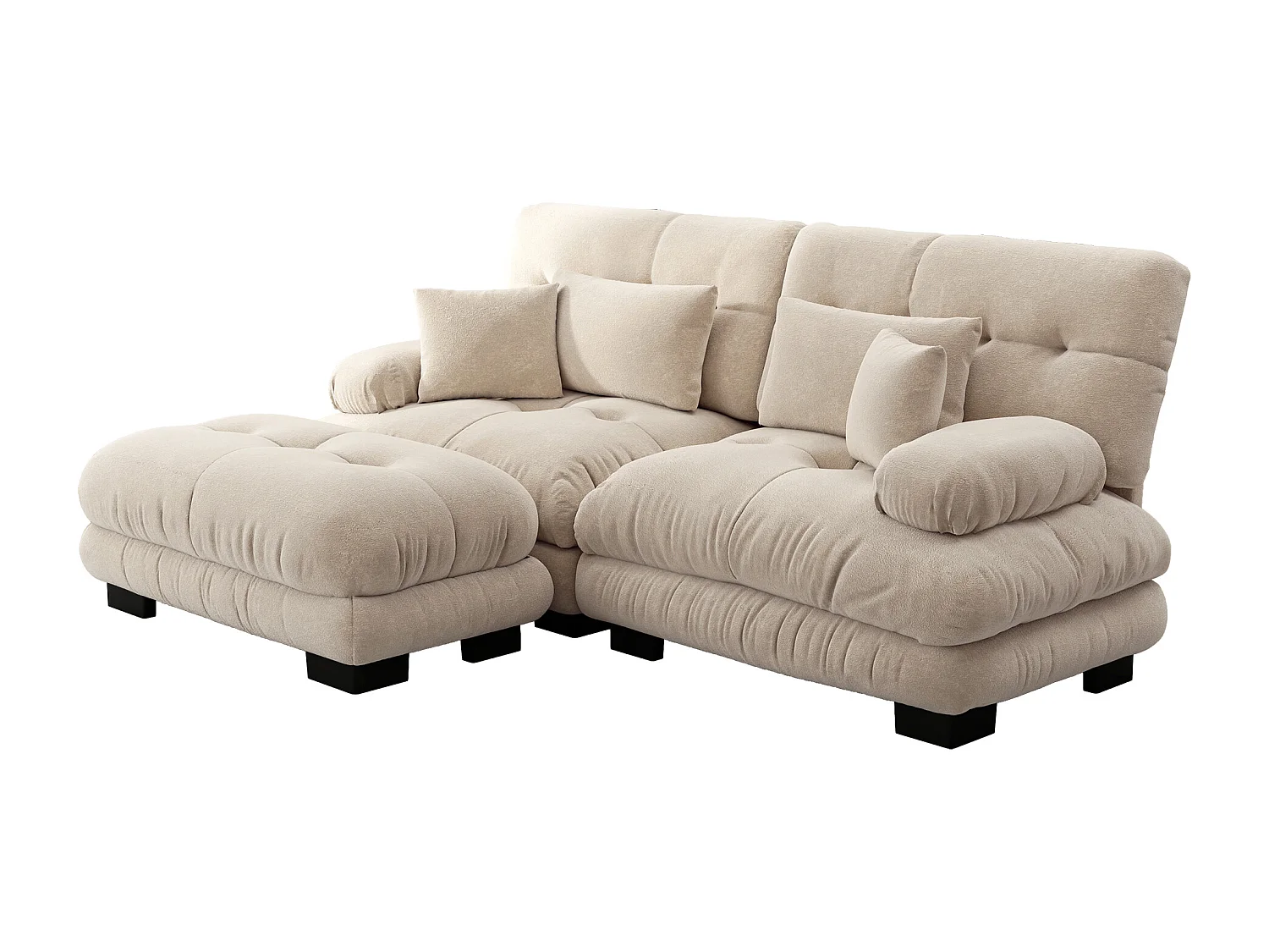 Sofá bege de 2 lugares - Sofá de canto com 2 almofadas lombares e 2 almofadas decorativas - apoios de braços e apoio para os pés - chenille