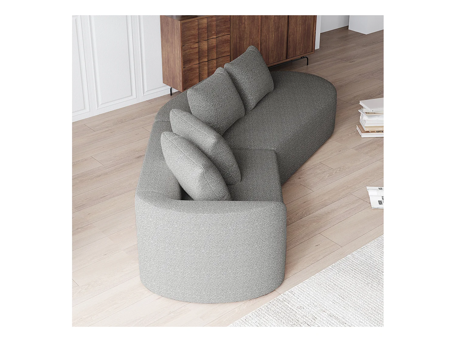 Canapé d'angle gris clair - Canapé 4 places avec 4 coussins décoratifs et dossier - chenille