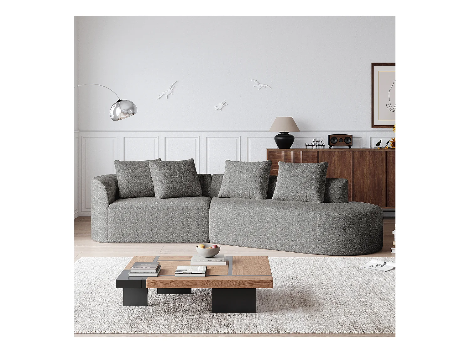 Canapé d'angle gris clair - Canapé 4 places avec 4 coussins décoratifs et dossier - chenille