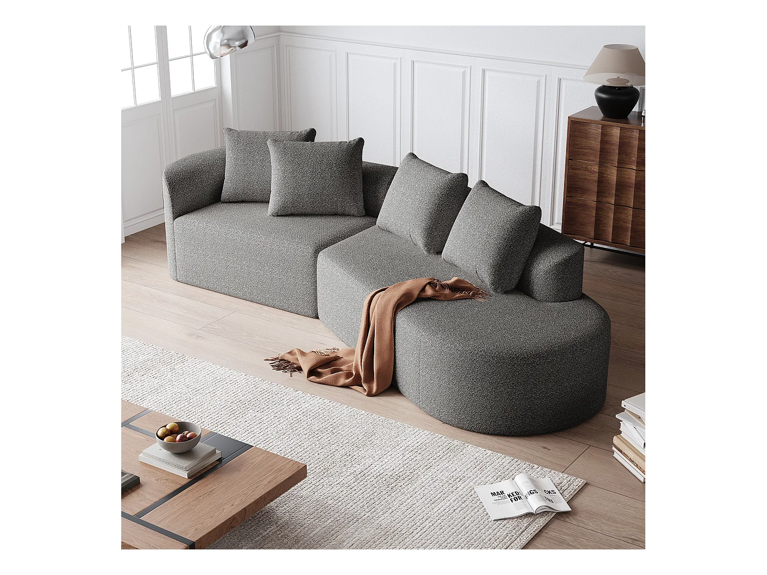 Canapé d'angle gris clair - Canapé 4 places avec 4 coussins décoratifs et dossier - chenille