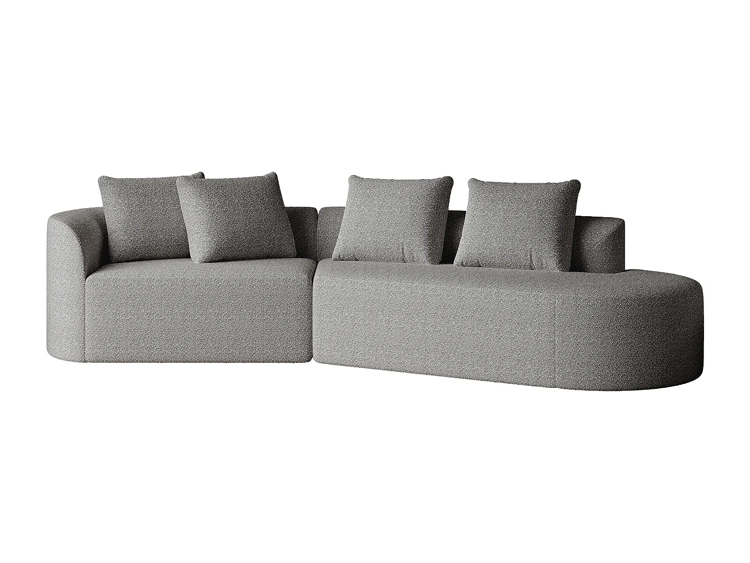 Jasnoszara sofa narożna - sofa 4-osobowa z 4 poduszkami dekoracyjnymi i oparciem - szenil