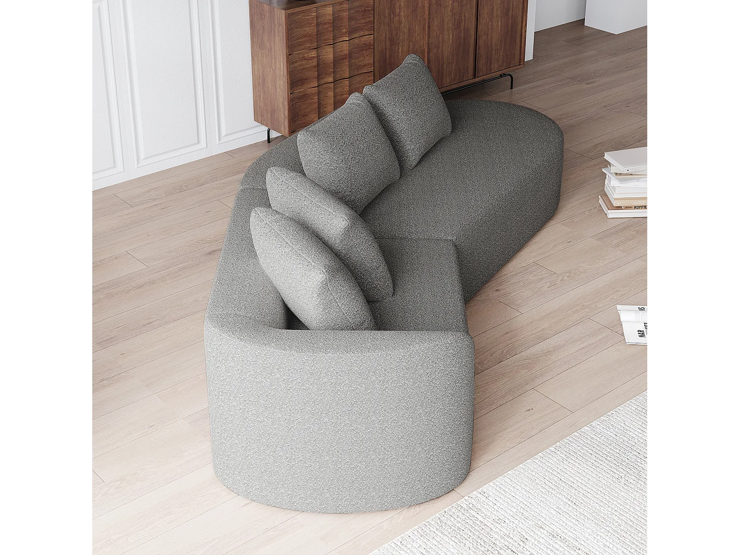 Canapé d'angle gris clair - Canapé 4 places avec 4 coussins décoratifs et dossier - chenille