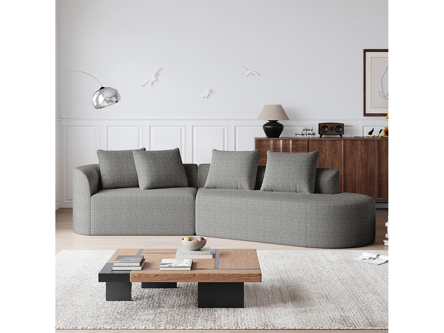 Canapé d'angle gris clair - Canapé 4 places avec 4 coussins décoratifs et dossier - chenille