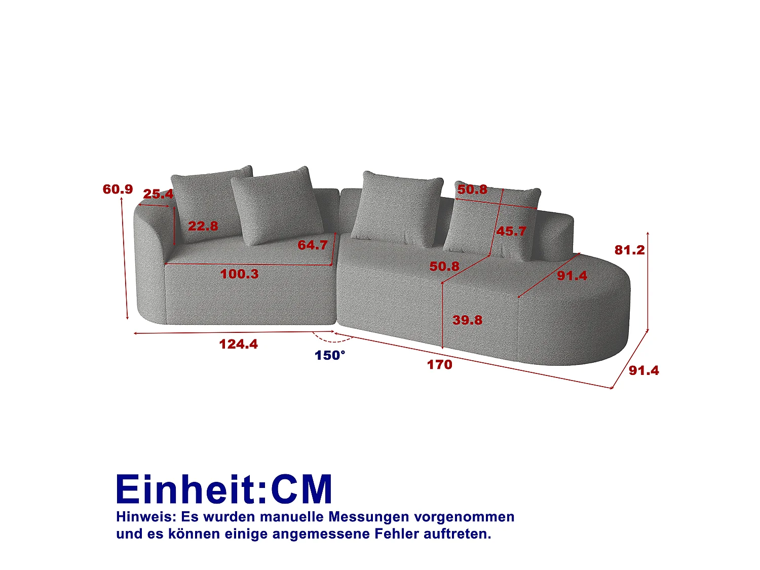 Canapé d'angle gris clair - Canapé 4 places avec 4 coussins décoratifs et dossier - chenille