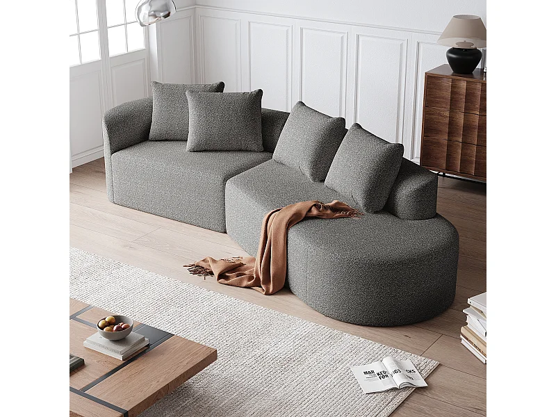 Divano angolare grigio chiaro - Divano a 4 posti con 4 cuscini decorativi e schienale - ciniglia