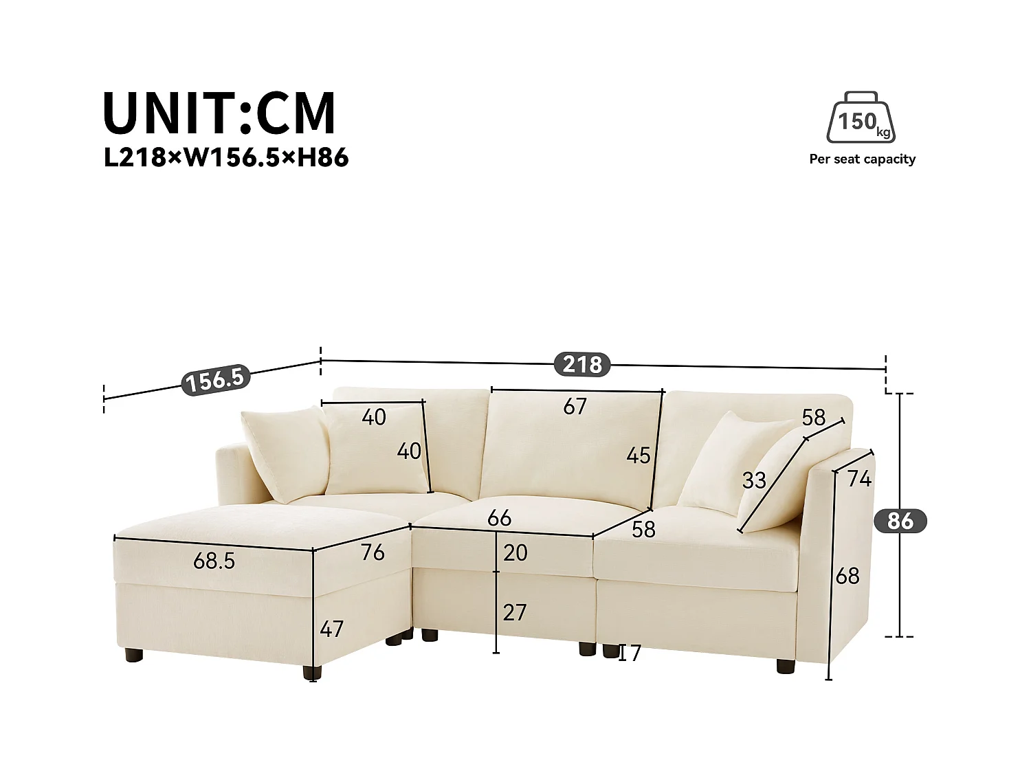 Canapé d'angle avec repose-pieds - Canapé 4 places avec 4 coussins et accoudoirs réglables - tissu chenille beige