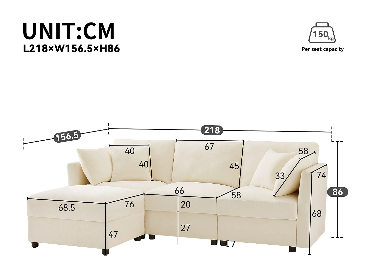 Canapé d'angle avec repose-pieds - Canapé 4 places avec 4 coussins et accoudoirs réglables - tissu chenille beige