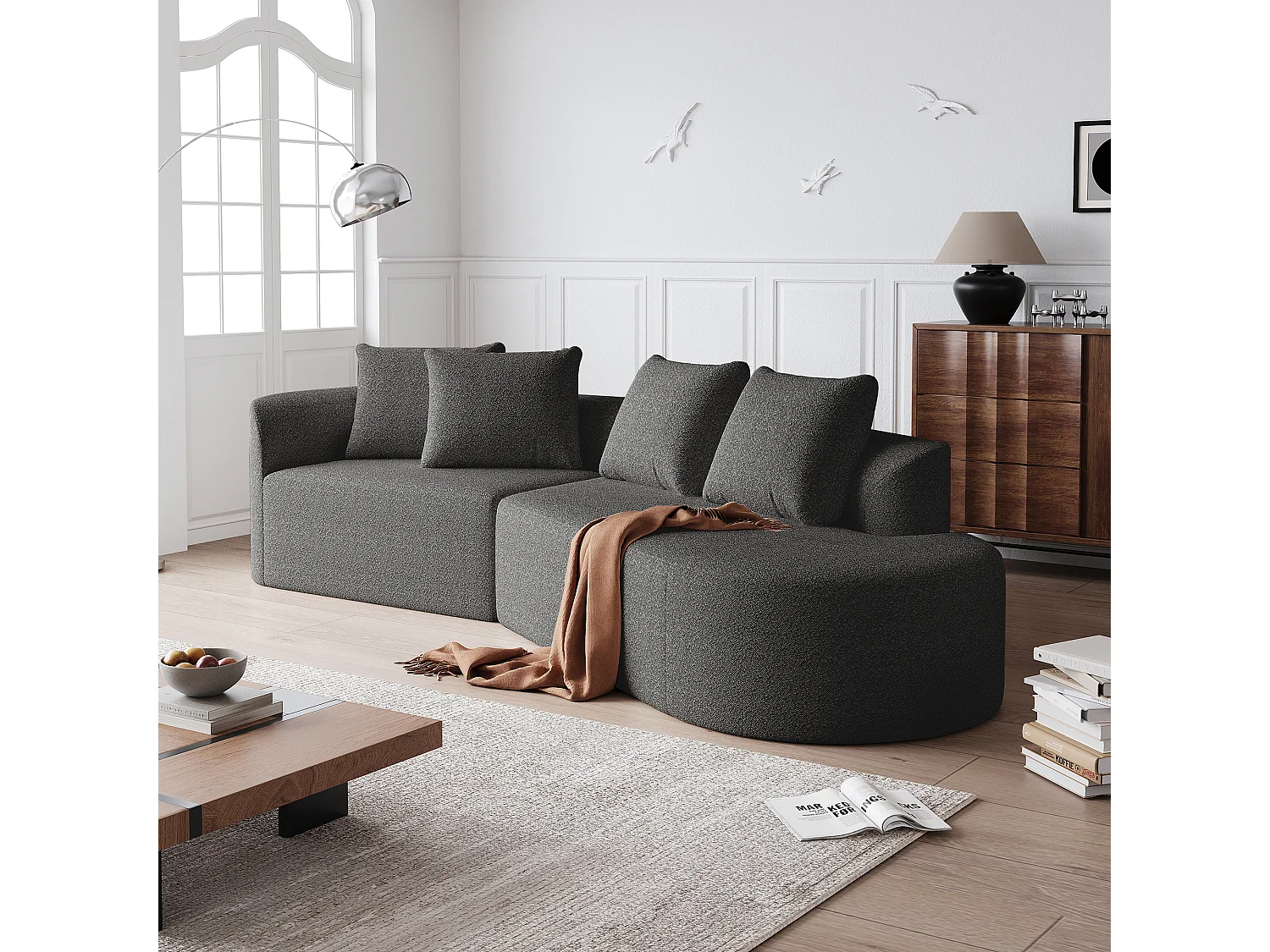 Canapé d'angle gris foncé - Canapé 4 places avec 4 coussins décoratifs et dossier - chenille