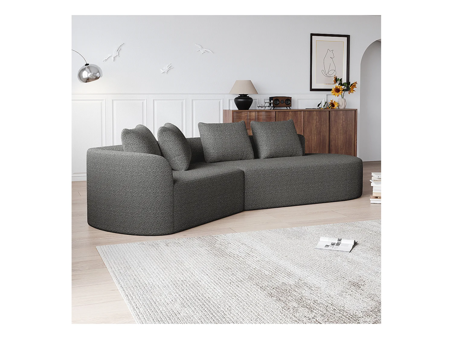 Canapé d'angle gris foncé - Canapé 4 places avec 4 coussins décoratifs et dossier - chenille