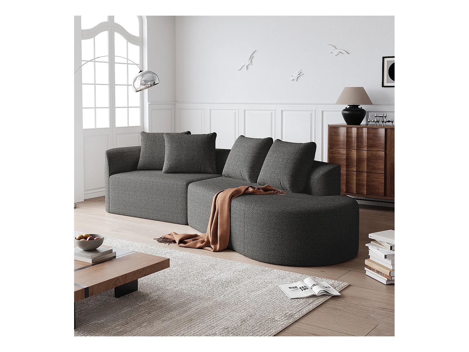 Canapé d'angle gris foncé - Canapé 4 places avec 4 coussins décoratifs et dossier - chenille