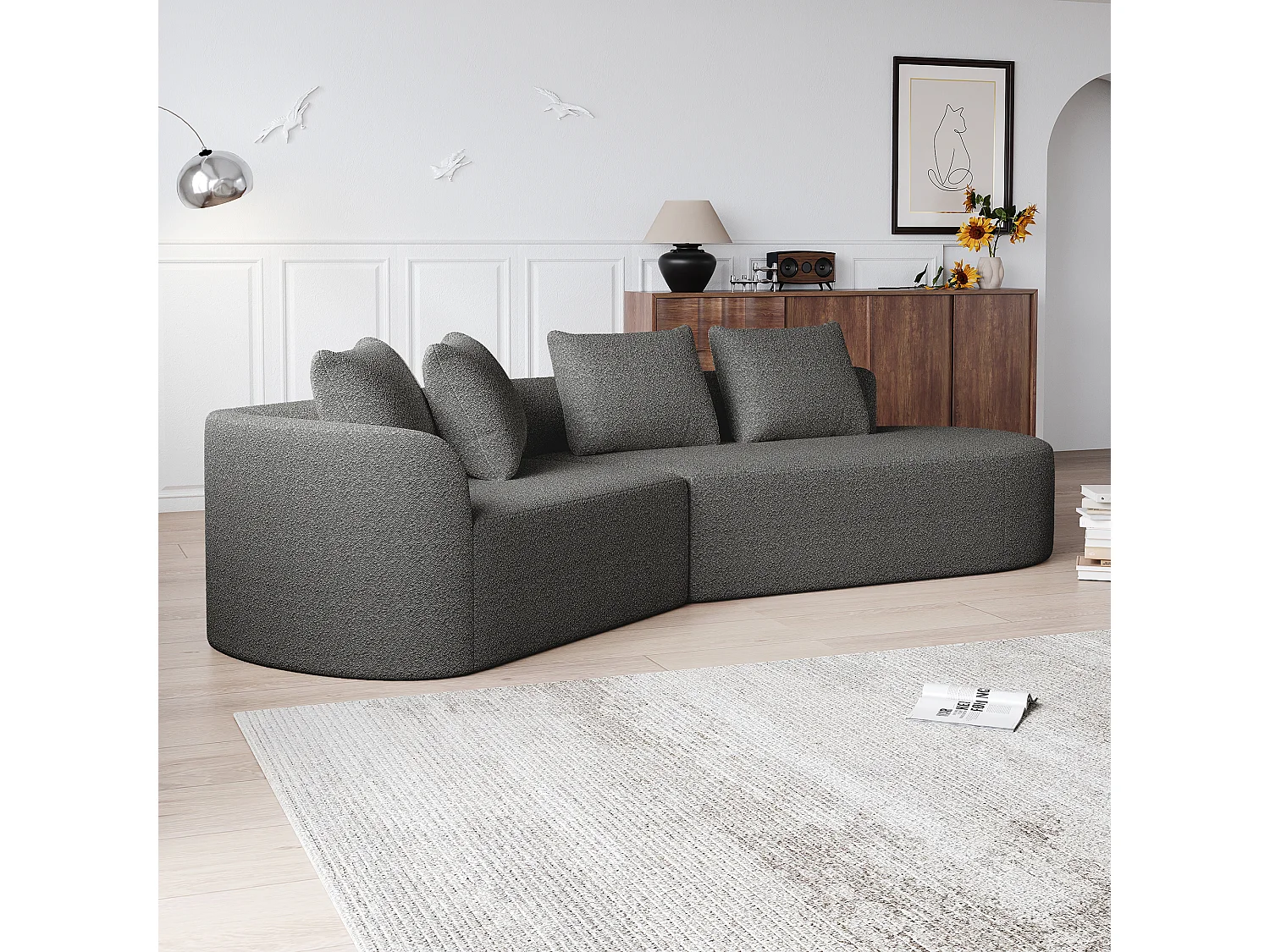 Ciemnoszara sofa narożna - sofa 4-osobowa z 4 poduszkami dekoracyjnymi i oparciem - szenil