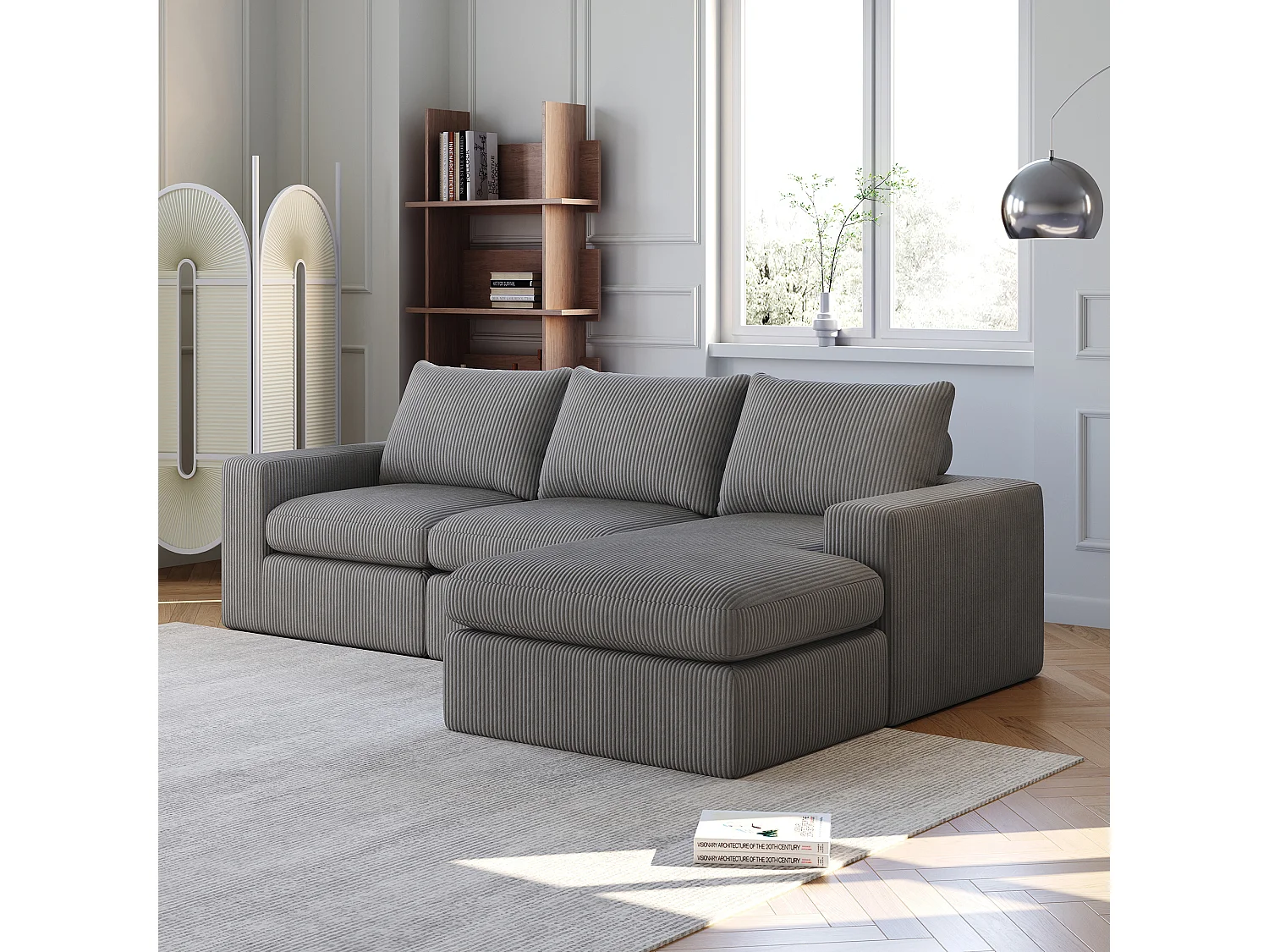 Canapé d'angle - Canapé 3 places avec trois coussins et accoudoirs - velours côtelé gris foncé