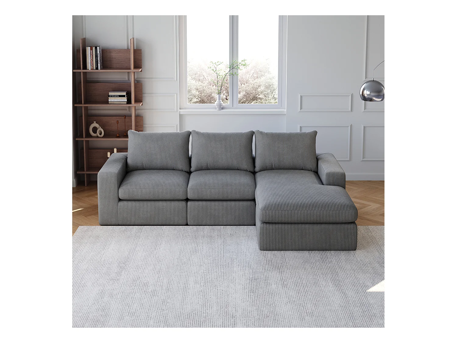 Canapé d'angle - Canapé 3 places avec trois coussins et accoudoirs - velours côtelé gris foncé