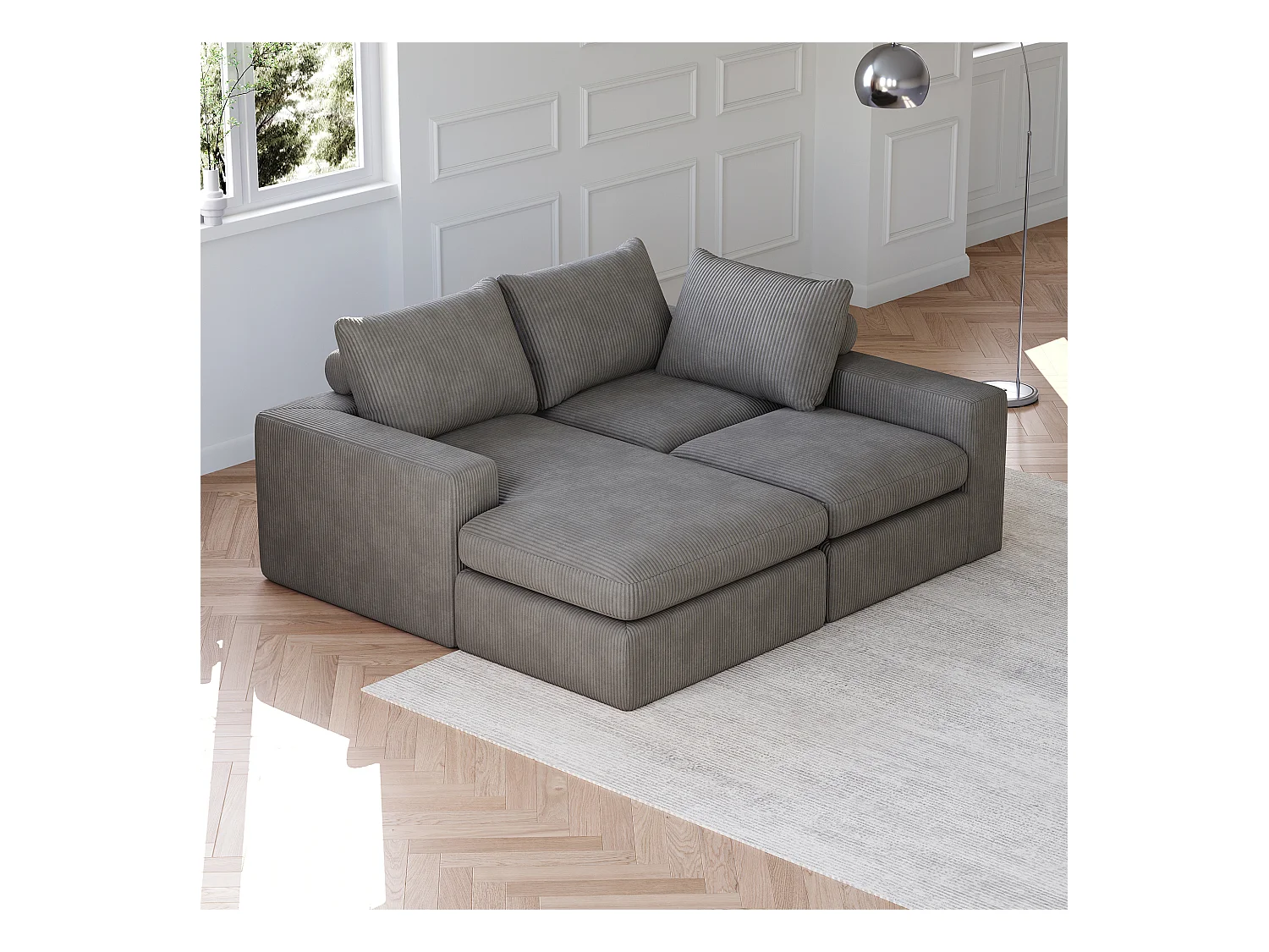 Canapé d'angle - Canapé 3 places avec trois coussins et accoudoirs - velours côtelé gris foncé