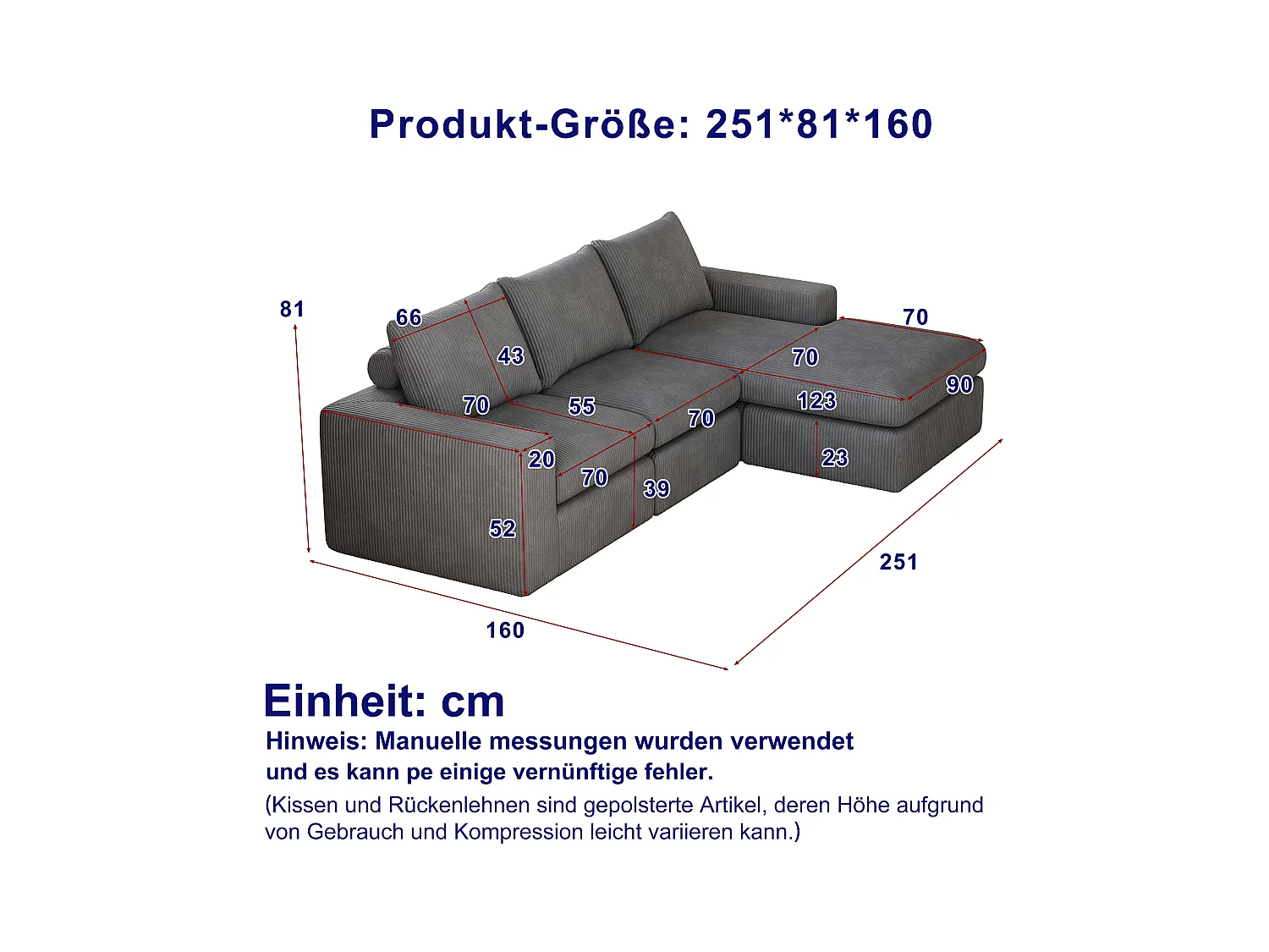 Canapé d'angle - Canapé 3 places avec trois coussins et accoudoirs - velours côtelé gris foncé