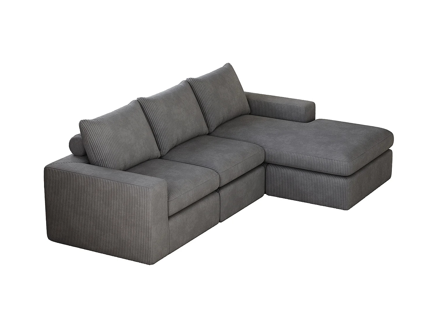 Canapé d'angle - Canapé 3 places avec trois coussins et accoudoirs - velours côtelé gris foncé