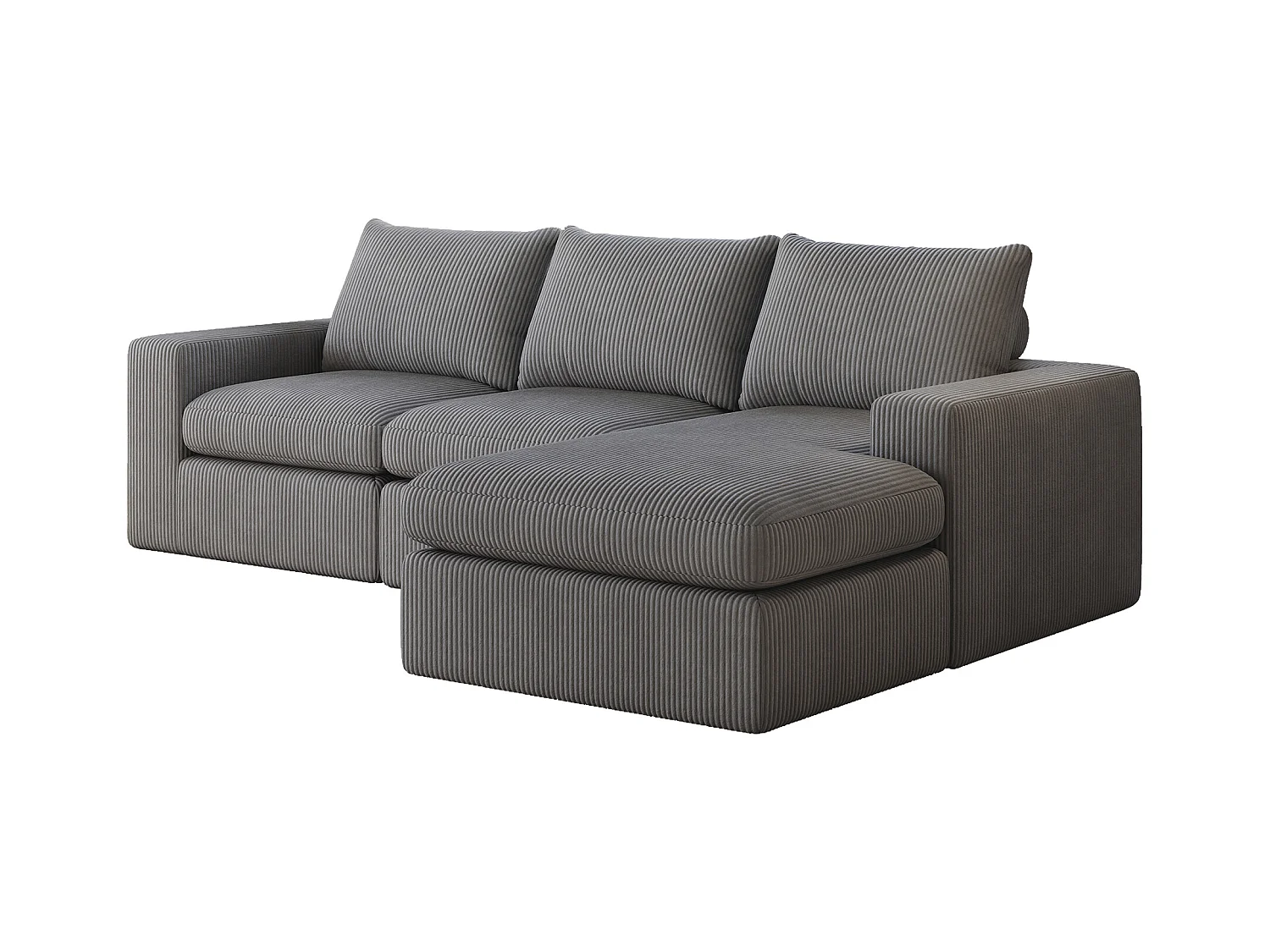 Canapé d'angle - Canapé 3 places avec trois coussins et accoudoirs - velours côtelé gris foncé