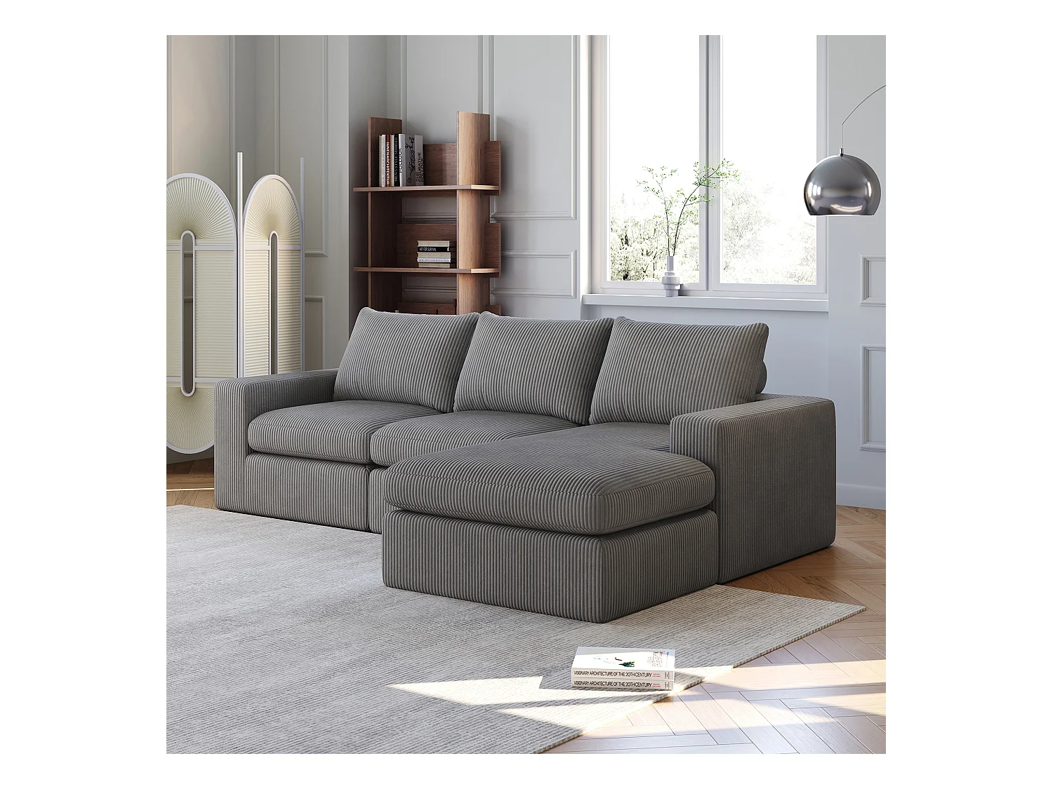 Canapé d'angle - Canapé 3 places avec trois coussins et accoudoirs - velours côtelé gris foncé