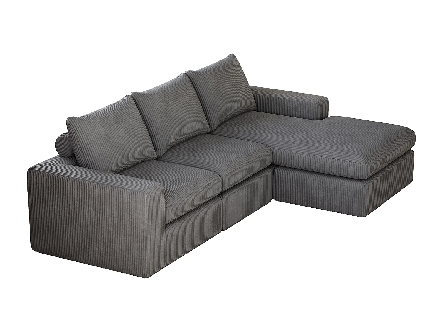 Canapé d'angle - Canapé 3 places avec trois coussins et accoudoirs - velours côtelé gris foncé