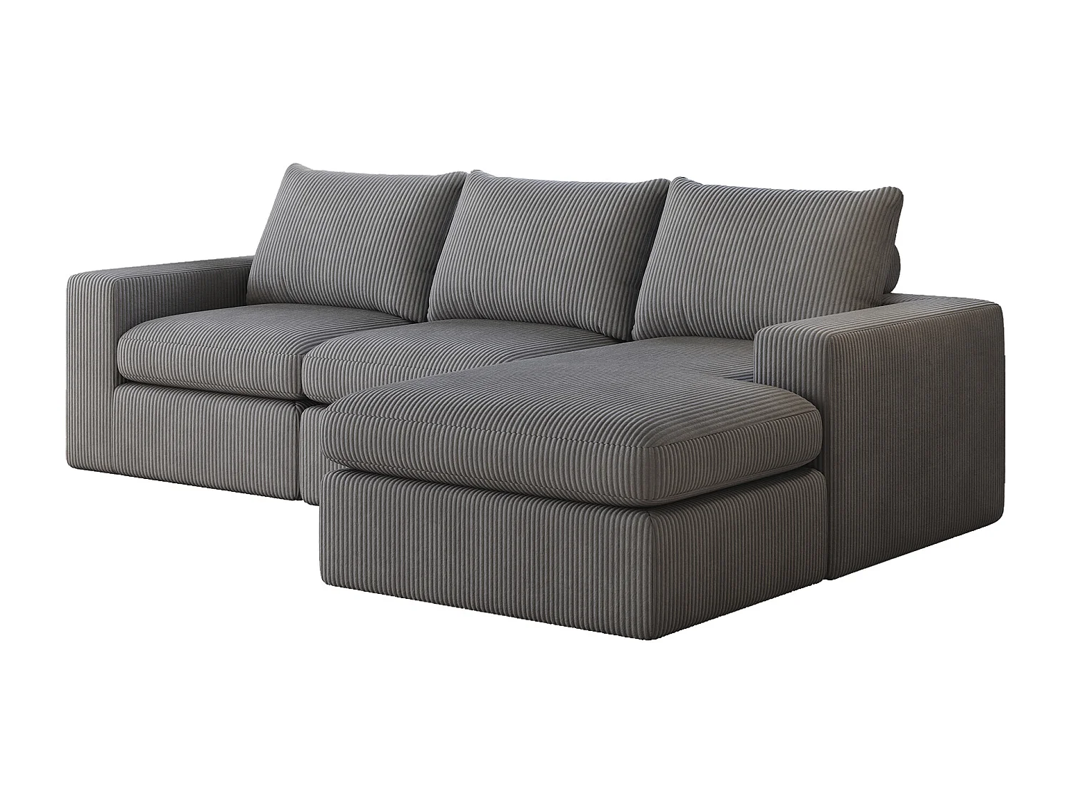 Canapé d'angle - Canapé 3 places avec trois coussins et accoudoirs - velours côtelé gris foncé