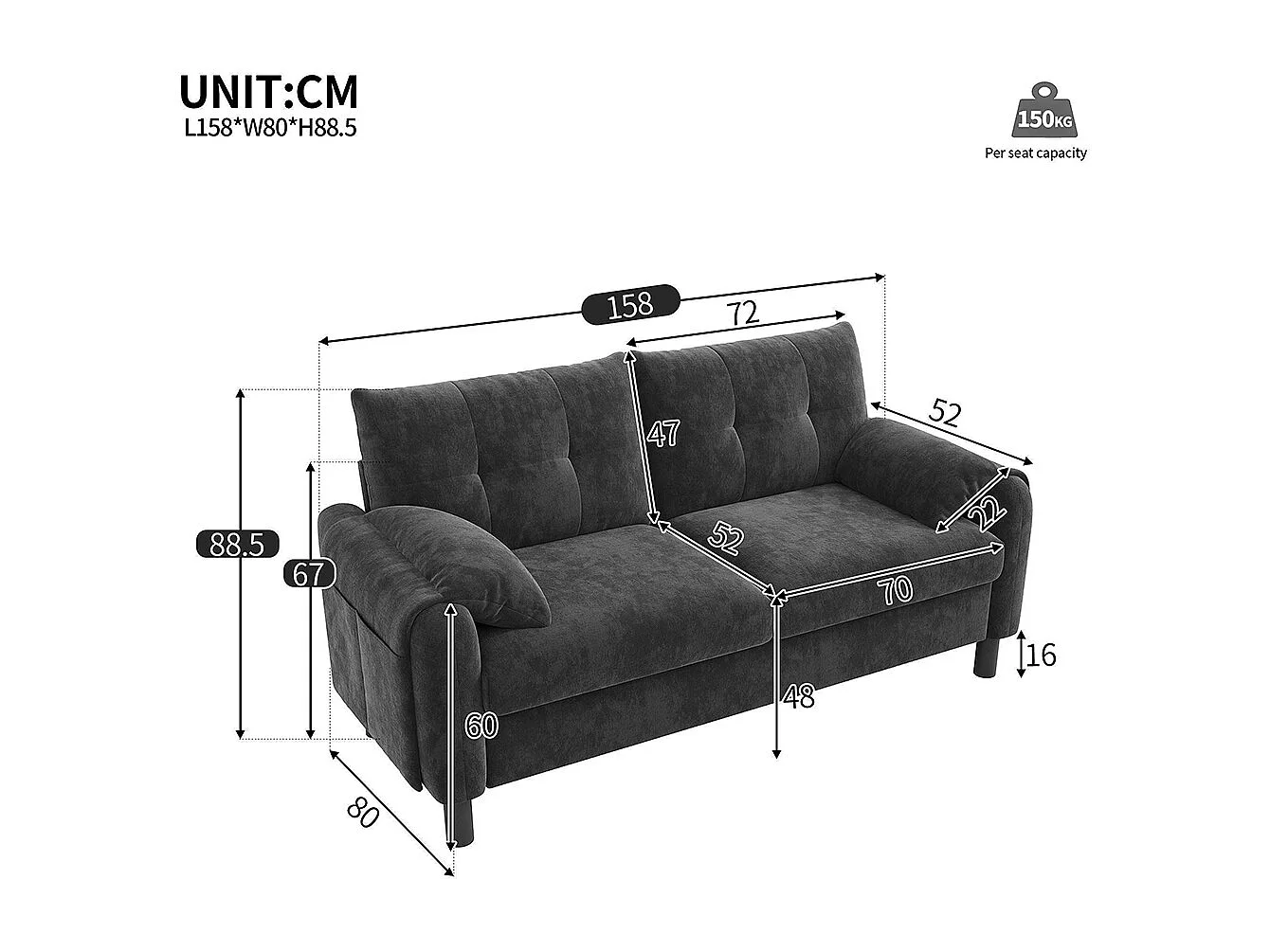 Canapé 2 places gris tissu chenille coussins épais rembourré confortable salon chambre appartement scandinave